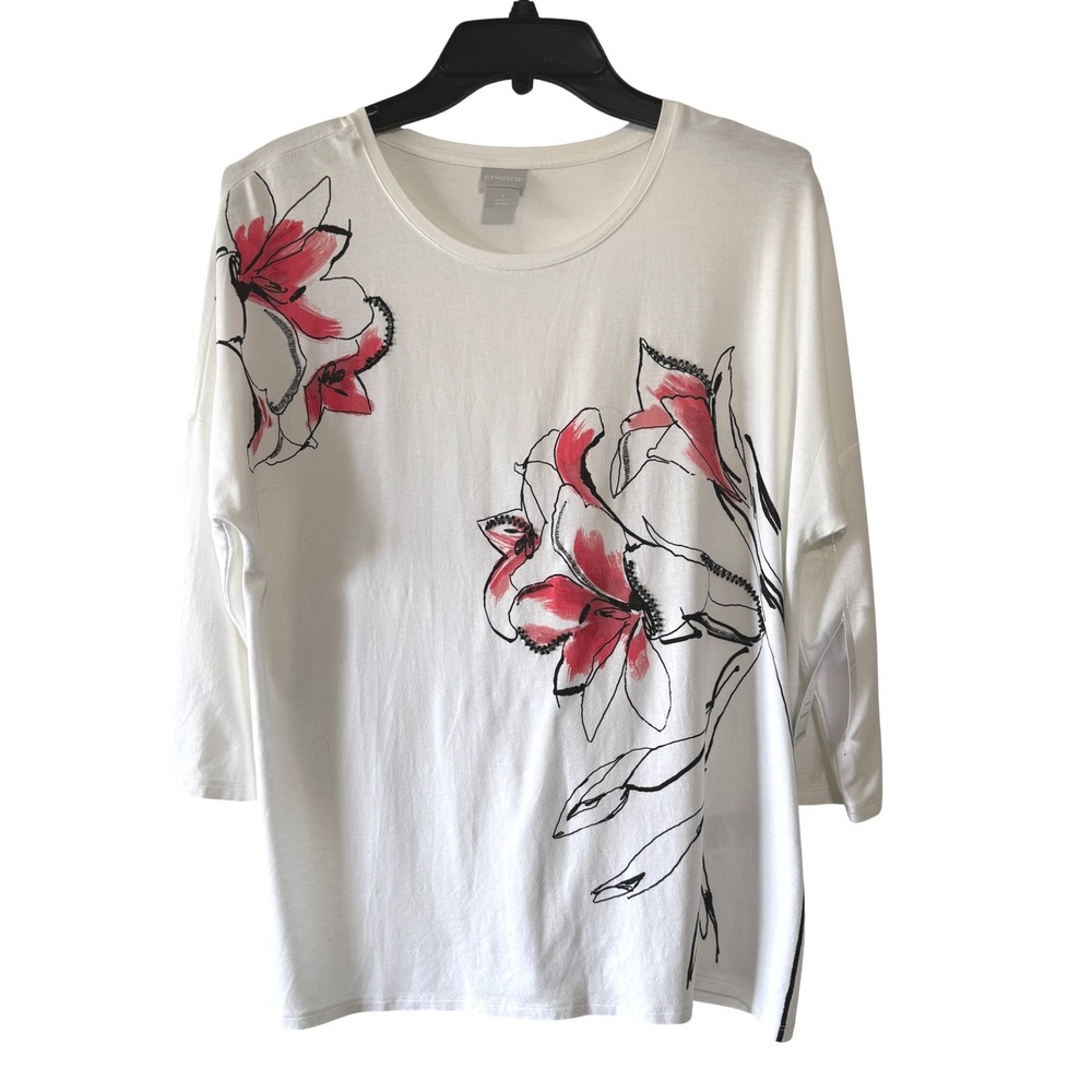 Chico's NWT White Floral Top 3/4 Sleeve Tee Size 8 Red Black Print